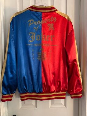 Harley Quinn Joker Satin Bomber Jacket - Blue & Red Size XL
